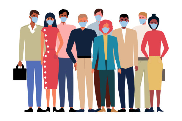美丽的平面插图多种族蒙面人在矢量背景。卡通时尚男女，朋友，同事，学生。检疫期间的友谊与合作理念。图片下载