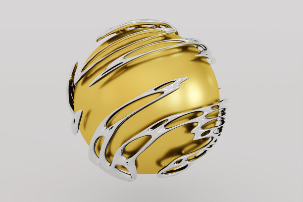 3D渲染黄金球体和覆盖金属银异形形状。图片下载