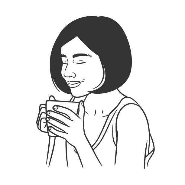 女性喝咖啡或茶的线条艺术绘画图片下载