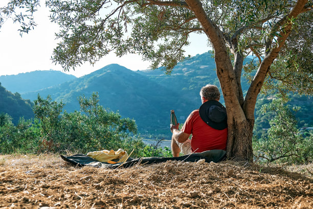 旅人在橄榄树林休息，欣赏山景，背包旅行或户外运动。积极的人，远足，健康的生活方式和和谐的理念。与自然统一。图片下载