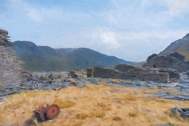 Cwmorthin Terrace和Rhosydd Slate Quarry的数字绘画，Blaenau Ffestiniog图片下载