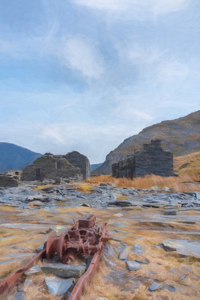 Cwmorthin Terrace和Rhosydd Slate Quarry的数字绘画，Blaenau Ffestiniog图片下载