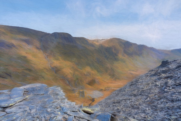 Cwmorthin Terrace和Rhosydd Slate Quarry的数字绘画，Blaenau Ffestiniog图片下载