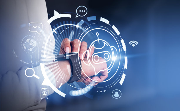 女人手指触摸智能手表在手腕上，数字机器人全息图与图标图片下载