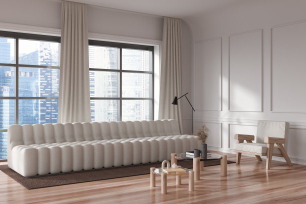 通过沙发、椅子和茶几、全景窗照亮客厅内部图片下载