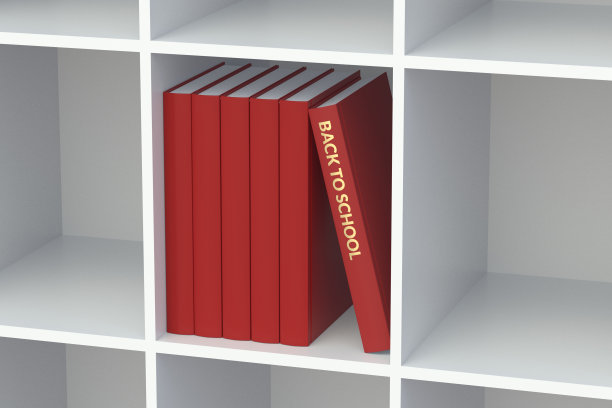 带铭文的书回到学校在书架上。教育的概念。三维渲染图片下载