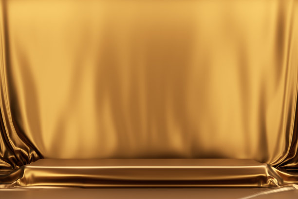 为您的产品设计提供平台。有金色背景的底座或用金色布料覆盖的讲台底座。3 d渲染。图片下载