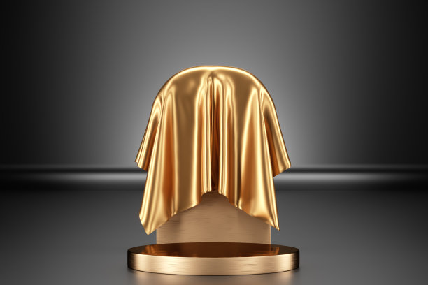 有金色背景的底座或用金色布料覆盖的讲台底座。您的产品在黑色背景上的金色领奖台。为您的产品设计提供平台。3 d渲染。图片下载