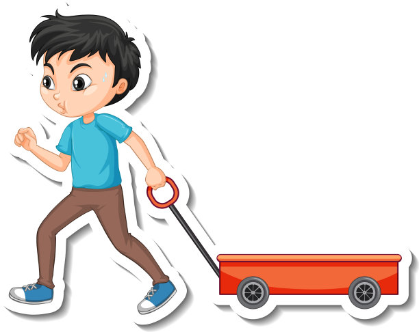 亚洲男孩拉车卡通人物贴纸图片下载