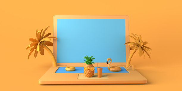 带笔记本电脑和游泳池的暑假概念。在线旅行预订。副本的空间。3 d演示。图片下载