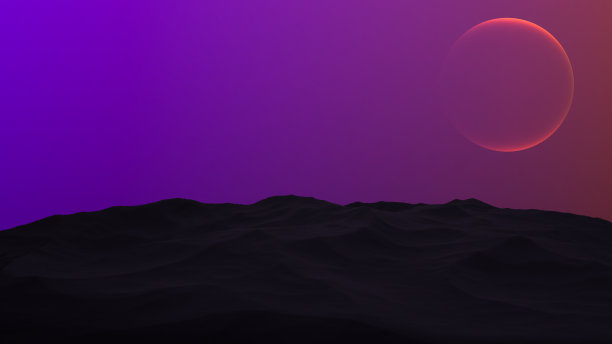 太空行星景观剪影与紫色的天空。黑暗的景观和橙色发光的行星。抽象的幻想世界。3 d渲染。图片下载