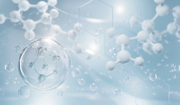 现实的分子背景。奶油分子的科学插图。玻尿酸护肤液广告，图片下载
