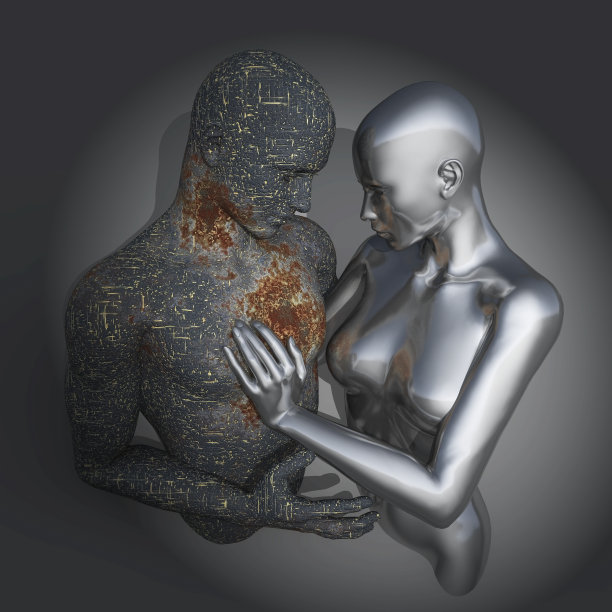 3D概念艺术与生锈的男性和金属银女性人物在拥抱图片下载