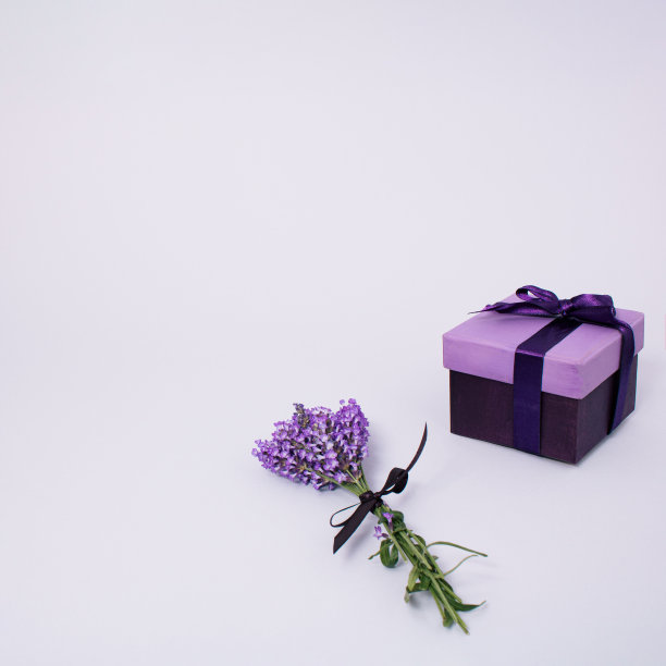 紫色礼物与盛开的薰衣草花束在明亮的淡紫色背景与空间的愿望。最小生日，庆祝目前的概念。图片下载