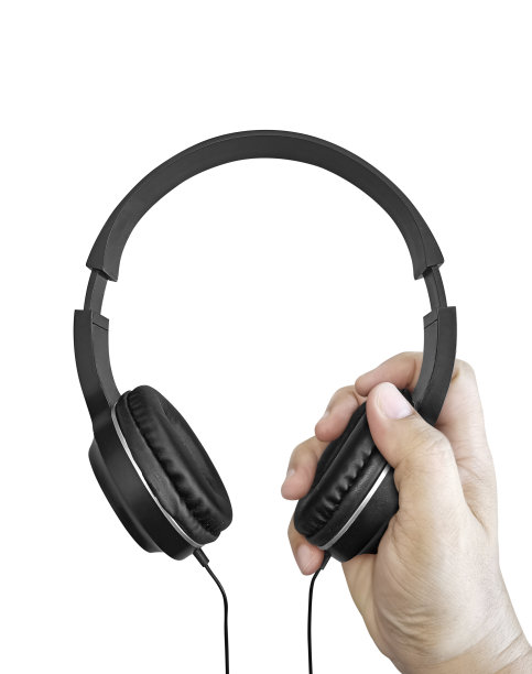 手与现代耳机在白色背景图片下载