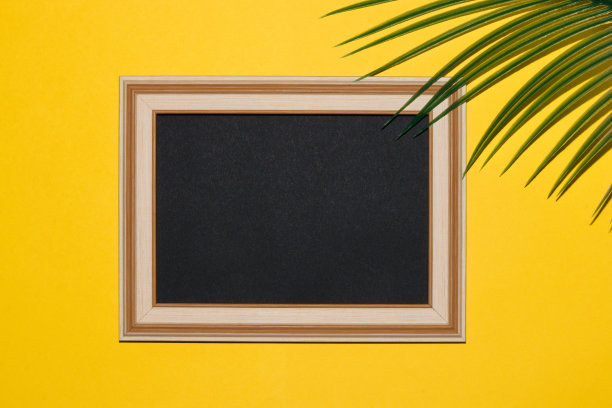 木制旧框搭配黑色仿形空间，角落里的棕榈叶，创意夏日优雅的设计图片下载