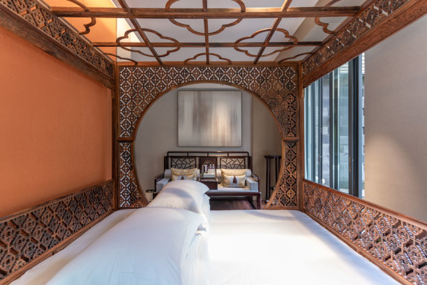 床在东亚风格的中国酒店卧室图片下载