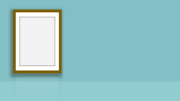 蓝色墙上的空画框。三维渲染图片下载