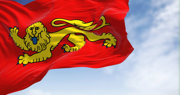 在一个晴朗的日子里，阿基坦国旗在风中飘扬图片下载