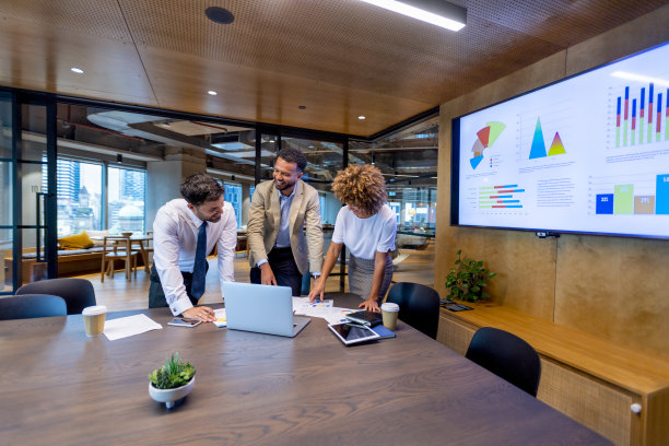 在笔记本电脑上工作的业务团队。图片下载