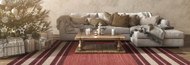 圣诞树与玩具和礼物装饰现代室内斯堪的纳维亚风格。3d渲染渲染农家乐客厅。模拟灰泥墙。图片下载