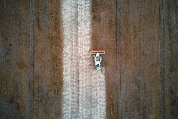 大麦田成熟联合收割机在收获季节工作的鸟瞰图。农业的概念图片下载