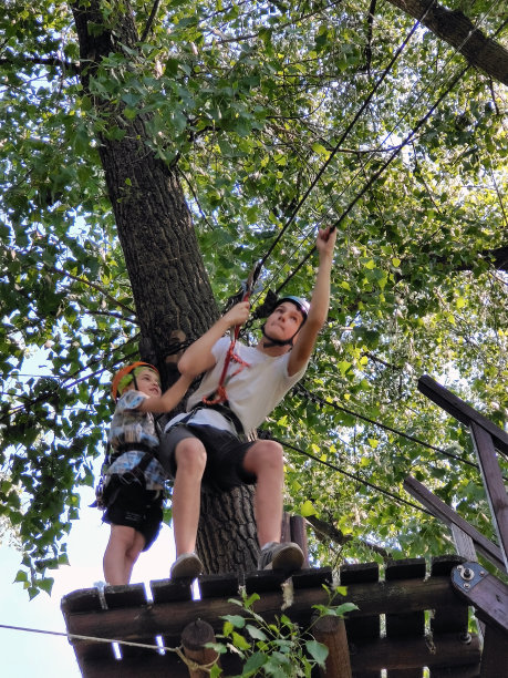 在一个绳索公园里，两个十几岁的男孩系着安全带，站在树上的一个木托盘上。底部照片图片下载