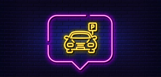 停车线图标。汽车公园的迹象。霓虹灯语音泡泡。向量图片下载