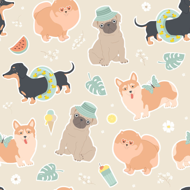 小狗无缝图案，夏季趣味儿童插画，腊肠犬、博美犬、巴哥犬和柯基犬在夏季度假，包含花朵、冰淇淋、西瓜、鸡尾酒和蝴蝶图片下载