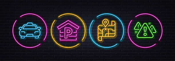 停车，出租车和地图最小线图标。对于web应用程序，打印。氖激光3d灯。向量图片下载