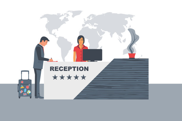 酒店接待。商人客户站在登记处。图片下载
