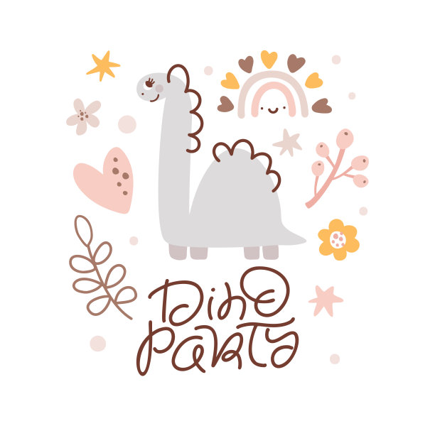 可爱的矢量孩子与恐龙和女婴的贺卡短信迪诺党。还有树枝，心，花，彩虹。卡通恐龙女孩斯堪的纳维亚风格的插图。儿童派对图片下载