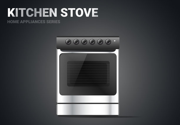 矢量现实插图的银色厨房灶台在黑暗的背景。3d风格闪亮厨房灶台与烤箱电器设计图片下载