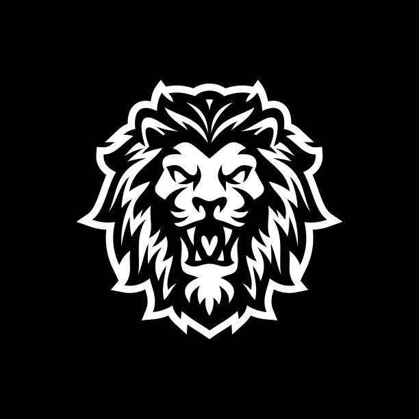 愤怒咆哮的狮头线条艺术或剪影标志设计。狮子脸矢量插图在黑暗的背景图片下载