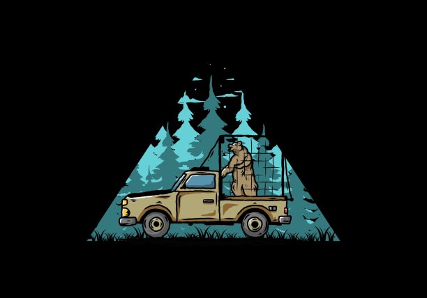 一个大熊在笼子里的汽车插图图片下载