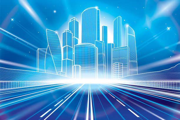 夜间照明的公路。霓虹灯光的城市。商业城镇中心。Mounrains背景。白色的轮廓插图。矢量设计艺术图片下载