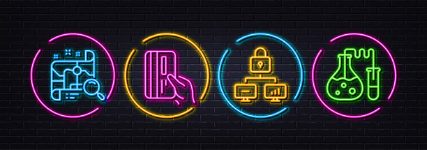 支付卡，锁定和搜索地图最小线图标。对于web应用程序，打印。氖激光3d灯。向量图片下载