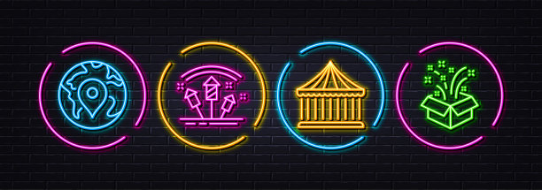 旋转木马，别针和烟花火箭最小线图标。对于web应用程序，打印。氖激光3d灯。向量图片下载