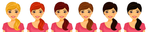 集。迷人的年轻女子不同的头发颜色。平面风格在白色背景。卡通。图片下载