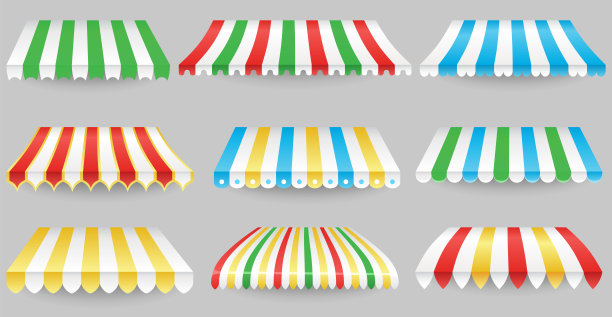 天篷元素集。遮阳伞可以防止阳光和雨水。店铺装修。有不同边缘的户外天篷。市集帐篷屋顶，模板设计图片下载