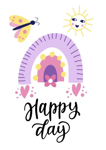 矢量插图的彩虹与蝴蝶和手写的短语-快乐的一天图片下载