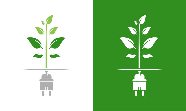 绿色能源电力，电插头图标标志电缆和叶矢量插图图片下载