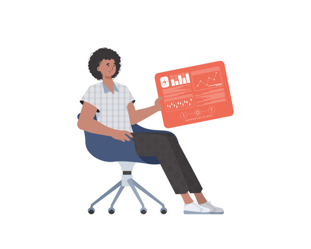 一个男人坐在椅子上，手里拿着一个装有分析仪和指示器的面板。物联网的概念。孤立。时髦的公寓风格。向量。图片下载