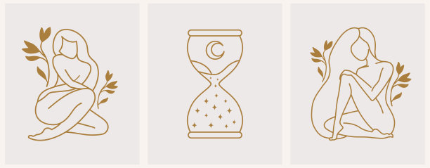 矢量抽象标志与沙漏和女性剪影。公司设计模板在潮流线性简约风格，美容和化妆品工作室的标志-图标的化妆师，时尚图片下载