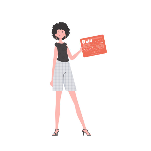 一个女人手里拿着一个装有分析仪和指示器的面板。物联网和自动化概念。孤立。时髦的公寓风格。向量。图片下载