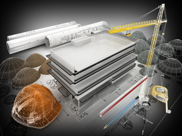 正在施工的建筑物上有起重机和其他建筑固定装置的蓝图，3d渲染图片下载