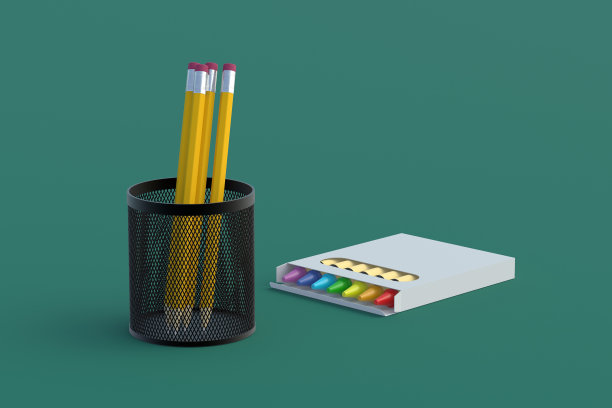 文具配件上的绿色背景。教育的概念。艺术学校。三维渲染图片下载