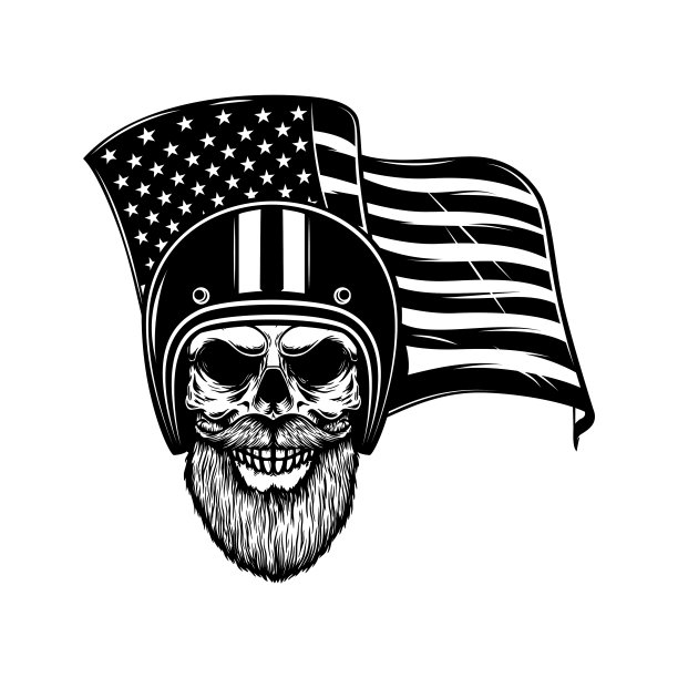 赛车头骨在美国国旗背景。自行车的头骨。设计元素的海报，卡片，横幅，标志。矢量图图片下载