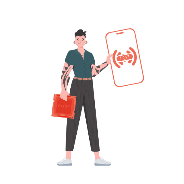 一名男子手里拿着一部手机，上面有IoT标志。物联网和自动化概念。向量。图片下载