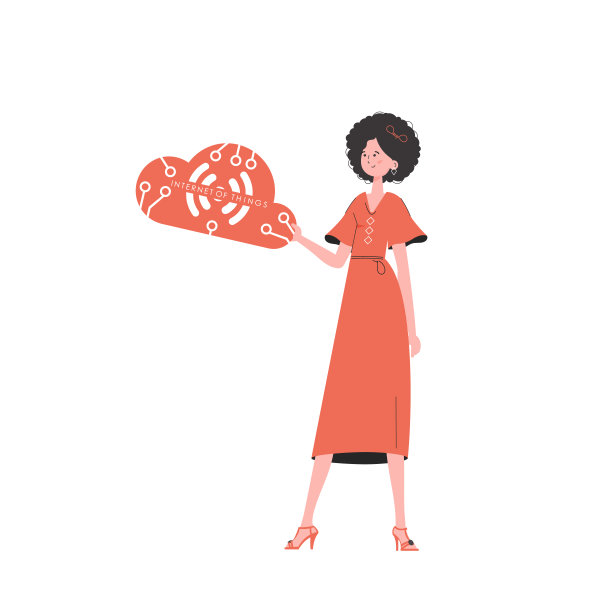 女孩手里拿着物联网标志。物联网概念。孤立。矢量插图在平面风格。图片下载